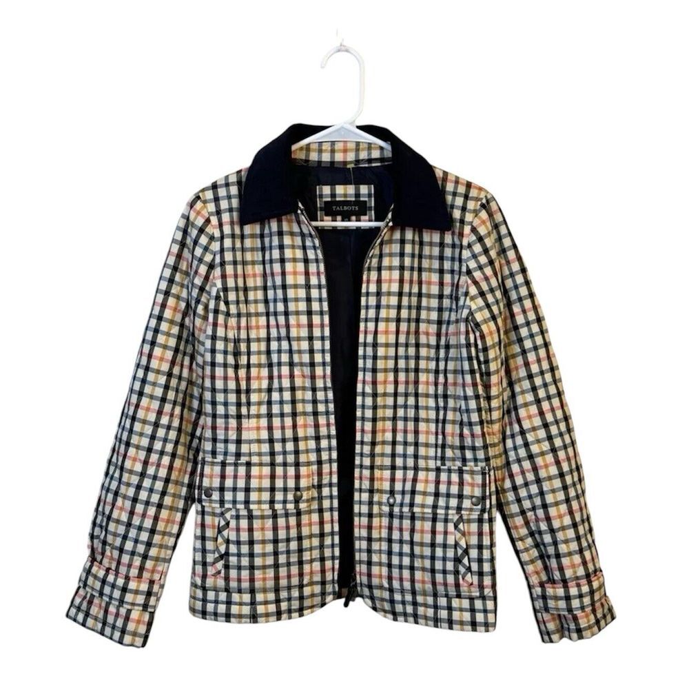 Talbots Quilted Blue Pink Yellow Plaid Check Jacket Coat Zip Size XS Preppy